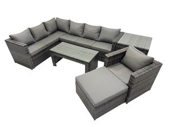Fimous 6 Pieces Garden Furniture Corner Sofa Set & Big Footstool Side Table in Dark Grey