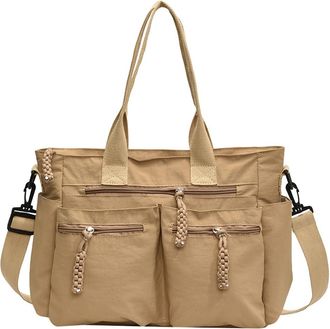 Generic Women Nylon Shoulder Bag with Multi Pockets Crossbody Bag with Zipper Solid Color Everything Tote Bag for Travel Work (Khaki)