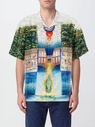 Casablanca Camicia a maniche corte in seta con stampa grafica e collo cubano