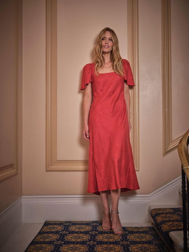 FatFace Luna Red Regular Square Neck Jacquard Midi Dress