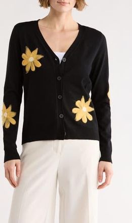 Daniel Rainn Floral Appliqu&eacute; V-Neck Cardigan in R435 Black/Yellow at Nordstrom Rack, Size X-Small