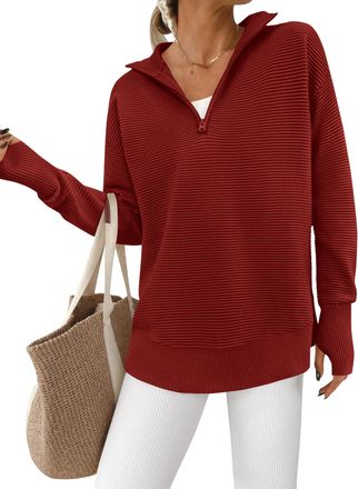 PrettyGarden Womens Long Sleeve Quarter Zip Pullover Sweater Casual Loose V Neck Collared Ribbed Knit Jumper Tops Thumb Hole, Dark Red, L