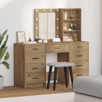 Berkfield Home 3-Piece Dressing Table Set with LED in Artisan Oak Engineered Wood in Brown