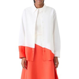 Akris Polygon Cotton Popling Button-Up Shirt in Ecru Vermillion at Nordstrom, Size 12