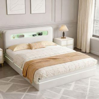 OEM Cama Lit 140x200 De Terciopelo Beige Con Led, Somier De Lamas Y Cabecero