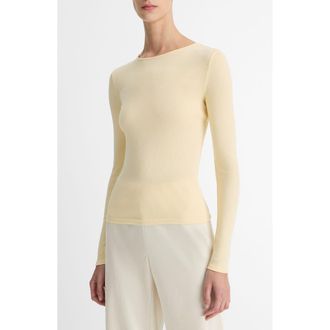 Vince Rib Pima Cotton Long Sleeve Crewneck T-Shirt in Light Butter at Nordstrom Rack, Size X-Large