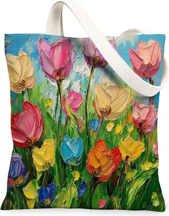 Generic Spring Oli Painting Tulip Canvas Tote Bag for Shopping 13x15, Floral Wildflower Garden Reusable Grocery Print Pattern Bag for Women, Flower Scene Beac