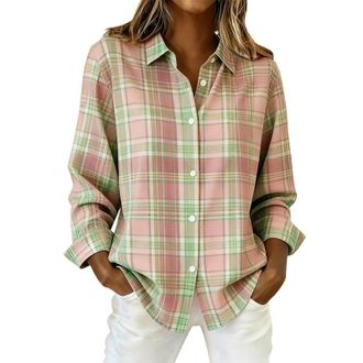 Generic Checked Shirt Womens Plaid Shirt Casual Long Sleeve Shirts Button Down Flannel Shirt Cowboy Boyfriend Shacket Jackets Basic Blouse Tops Classic Ladies