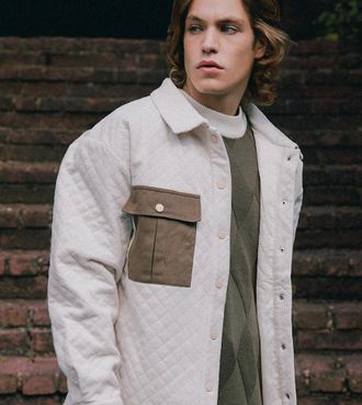 Labelrail x Notion - Camicia giacca unisex trapuntata color crema con dettagli in velluto a coste-Bianco