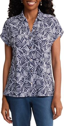 Jones New York Leaf Print Button-Up Shirt in Pacific Navy/Natural White at Nordstrom, Size X-Large
