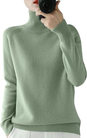 Generic Womens Turtleneck Jumpers Casual Ladies Jumper Sweaters Long Sleeve Pullover Tops Solid Color Knitted Cowl Neck Knitwear,Green,L