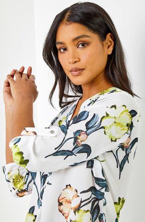 Roman V-Neck Longline Button Detail Floral Tunic Top