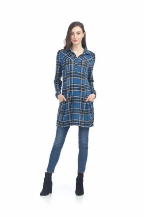 Papillon Plaid Henley Sweater Dress With Pockets In Blue