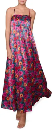 Melloday Print Sleeveless Satin Maxi Dress in Black Magenta Multi at Nordstrom, Size X-Large