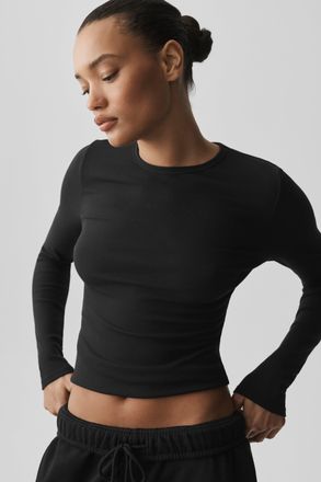Alo | Ribbed Modal Long Sleeve Top in Black, Size: Medium