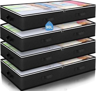 OEM Juego De 4 Bolsas De Almacenaje Bajo La Cama, Contenedor Grande De 90 L Con Tapa, Bolsas Con Ventana Transparente Y Asas Reforzadas Para Mantas, Ropa 