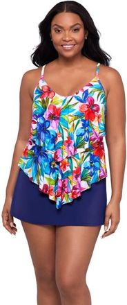Trimshaper Ronnie 2 Tier Ruffle Tankini Swimsuit Top in Tropical Treasure at Nordstrom, Size 12
