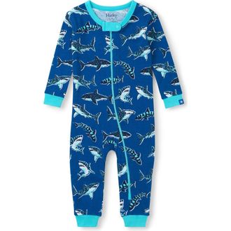 Hatley Shark Print Organic Cotton Zip Romper in Blue at Nordstrom, Size 18-24M
