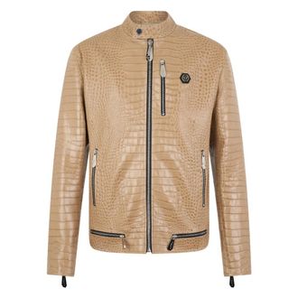Philipp Plein Leather Moto Jacket Cocco - Heren - Leren en Su&egrave;de Jassen - Beige - M - Leer - Jassen