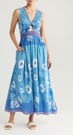 Alicia Bell Willow Cutout Sleeveless Cover-Up Maxi Dress in Blue White Flowers at Nordstrom, Size X-Large