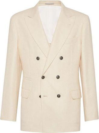Brunello Cucinelli Cream Wool Silk Linen Double Breasted Blazer, Brand Size 48 (US Size 38)