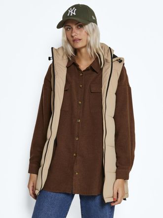 Noisy May Steppweste NOISY MAY NMAURORA HOOD VEST NOOS, Damen, Gr. S, braun (nomad detail:schwarz), Web, Obermaterial: 100% Polyester, unifarben, Westen Steppwe