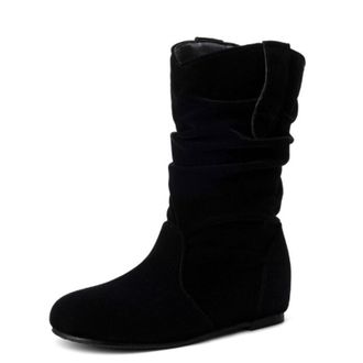 Generic Womens Mid-Calf Slouchy PU Leather Boots Round Toe Wedge Heel Pull Tab Slip On Soft Upper Cushioned Insole Flexible Fit Durable Outsole,Black Suede,3.