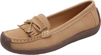 Generic Womens Classic Bowknot Loafers Soft Cow Suede Driving Casual Boat Flat Shoes for Everyday Fashion Comfort (Khaki, 5.5)