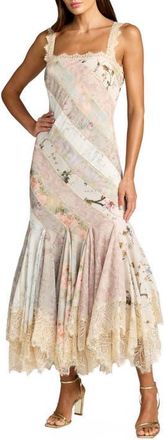 Mac Duggal Floral Chiffon Midi Dress with Lace Trim in Pastel Multi at Nordstrom, Size 12