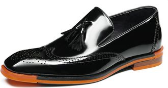 Generic Mens Slip on Platform Loafers Pointed Toe Patent Leather Formal Shoes Low Chunky Heel Vintage Brogues with Tassel,Black,7.5 UK