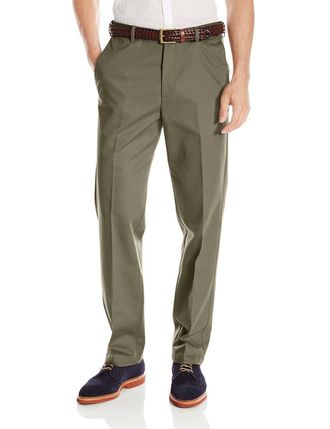 Haggar Mens Work to Weekend Hidden Expandable Waist No Iron Flat Front Pant, British Khaki/Lead Grey, 40W x 30L