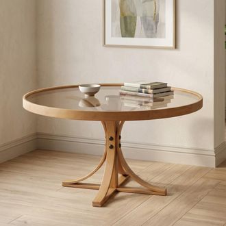 Dmora Mesa De Sal&oacute;n Santhia, Tapa De Vidrio Templado, Forma Redonda, Estructura De Vidrio, 80x80x47h Cm Roble Marr&oacute;n