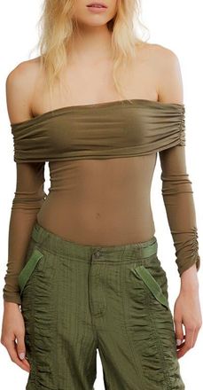 Free People Forget Me Not Off the Shoulder Mesh Bodysuit in Olive at Nordstrom, Size X-Large