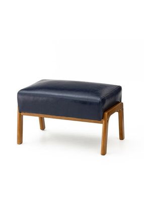 Glitzhome Mid-century Modern Faux Leather Accent Stool with Walnut Rubberwood Legs in Navy Blue at Nordstrom, Size Medium