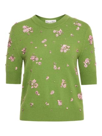 Oscar De La Renta crystal-cluster embroidered pullover - Green