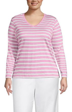 Lands End Supima Cotton Long Sleeve V-Neck T-Shirt in Seaside Pink Multi Stripe at Nordstrom, Size 3X