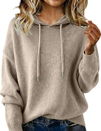 Generic Cream Jumpers Women UK, Cashmere Sweater for Women Warm Knitted Jumper Hoodie Long Sleeve Relaxed Fit Soft Plain Hoody Knitting Pullover Sweatshirts F