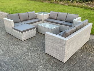 Fimous 10 Seat Light Grey Lounge Outdoor PE Rattan Garden Furniture Set Wicker Sofa Set Oblong Coffee Table