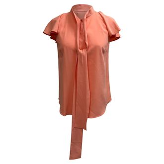 Oscar De La Renta Oscar De La Renta Tie Neck Short Sleeve Blouse in Coral Silk