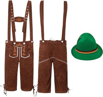 Generic 2-Piece Oktoberfest Costume Men Lederhosen with Hat October Festival Fancy Dress Embroidered Leather-Look Shorts Bavarian German Beer Festival Outfit 
