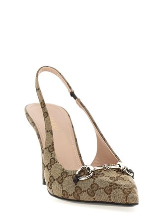 Gucci Womens Gg Fabric With Morsetto Detail Slingback Pump Beige Polyester Cotton Polyamide