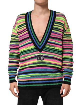 Dolce & Gabbana Multicolor DG Logo V-Neck Knit Pullover Mens Sweater