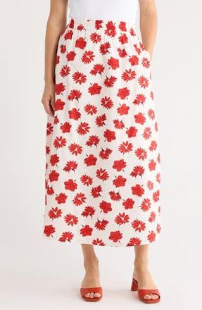Elie Tahari Printed Cotton Midi Skirt in White /Red Flower at Nordstrom Rack, Size X-Small