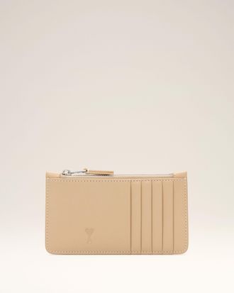 Ami Beige zipped cowhide leather card holder with Ami de Coeur Beige - OS - Unisex