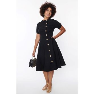 Unique Vintage Asymmetrical Button Woven Swing Dress in Black at Nordstrom, Size X-Large