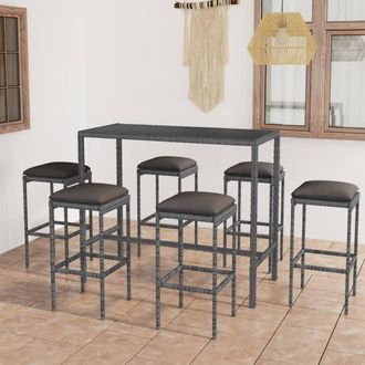 vidaXL Set Muebles Bar Jard&iacute;n 7 Piezas Y Cojines Rat&aacute;n Sint&eacute;tico Gris Vidaxl