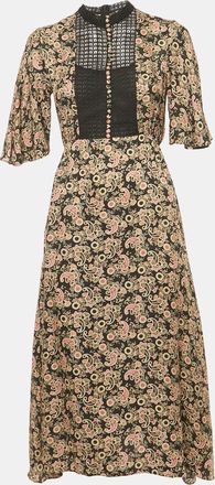 Sandro Black Lace Trim Paisley Print Crepe Midi Dress