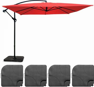 Oviala Oviala - Parasol desplazado de 3x3m y 4 losas de relleno de aluminio rojo