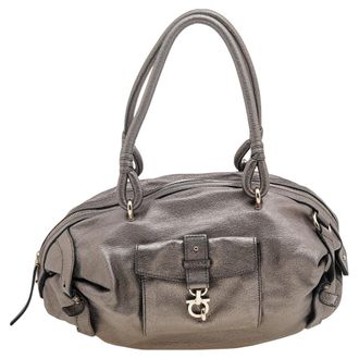Ferragamo Metallic Grey Leather Gancini Front Pocket Satchel