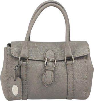 Fendi Selleria Linda Satchel Pebbled Leather Gray Leather Handbag (Pre-Owned)